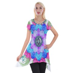 Lotus Flower Bird Metatron S Cube Short Sleeve Side Drop Tunic by Pakrebo