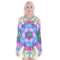 Lotus Flower Bird Metatron S Cube Velvet Long Sleeve Shoulder Cutout Dress by Pakrebo