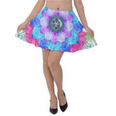 Lotus Flower Bird Metatron S Cube Velvet Skater Skirt by Pakrebo