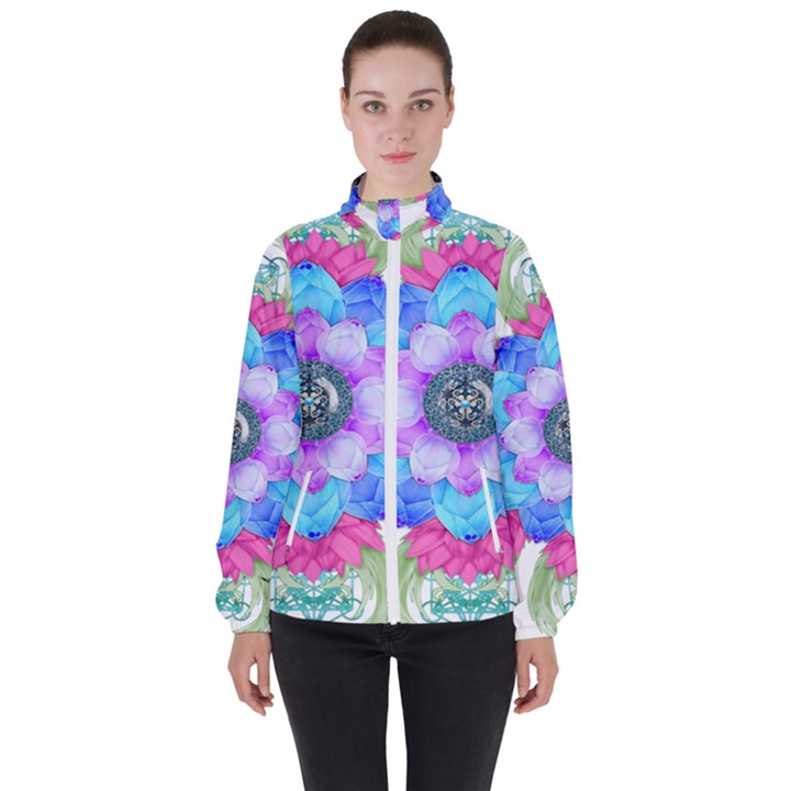 Lotus Flower Bird Metatron S Cube Women s High Neck Windbreaker