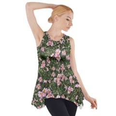 Pink Flowers Leaves Spring Garden Side Drop Tank Tunic by Pakrebo