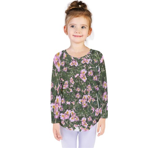 Pink Flowers Leaves Spring Garden Kids  Long Sleeve Tee by Pakrebo