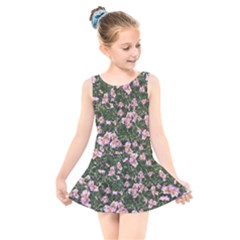 Pink Flowers Leaves Spring Garden Kids  Skater Dress Swimsuit by Pakrebo