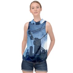 Navy Pier Chicago High Neck Satin Top by Riverwoman