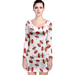 Red Apple Core Funny Retro Pattern Half On White Background Long Sleeve Bodycon Dress by genx