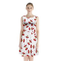 Red Apple Core Funny Retro Pattern Half On White Background Sleeveless Waist Tie Chiffon Dress by genx