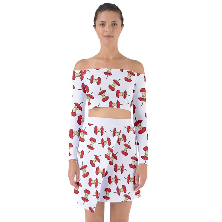 Red Apple Core Funny Retro Pattern Half on white background Off Shoulder Top with Skirt Set