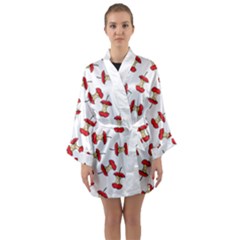 Red Apple Core Funny Retro Pattern Half On White Background Long Sleeve Kimono Robe by genx