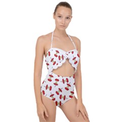 Red Apple Core Funny Retro Pattern Half On White Background Scallop Top Cut Out Swimsuit by genx