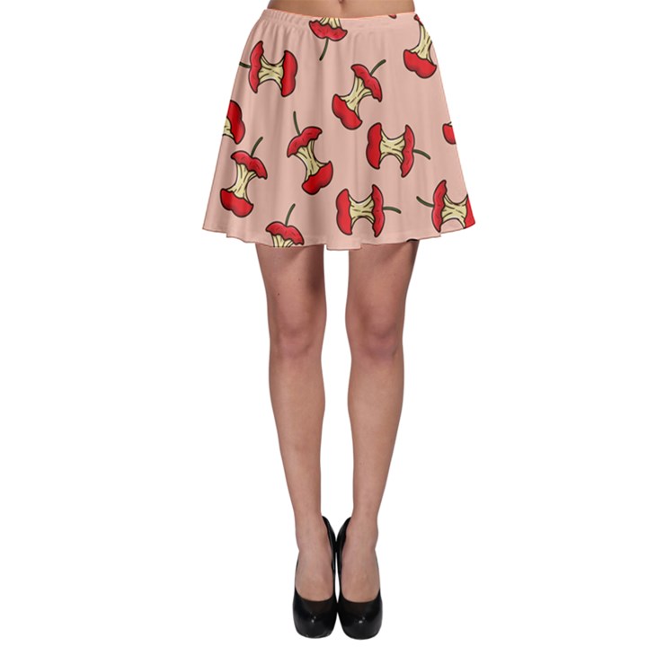 Red Apple Core Funny Retro Pattern Half eaten on pastel orange background Skater Skirt