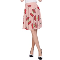 Red Apple Core Funny Retro Pattern Half Eaten On Pastel Orange Background A-line Skirt by genx