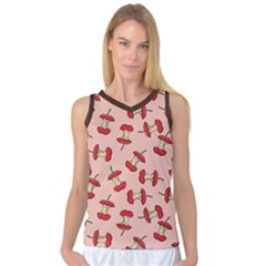 Red Apple Core Funny Retro Pattern Half Eaten On Pastel Orange Background Women s Basketball Tank Top by genx