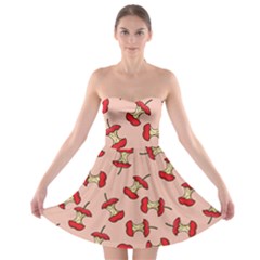 Red Apple Core Funny Retro Pattern Half Eaten On Pastel Orange Background Strapless Bra Top Dress by genx