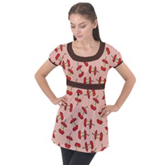 Red Apple Core Funny Retro Pattern Half Eaten On Pastel Orange Background Puff Sleeve Tunic Top by genx