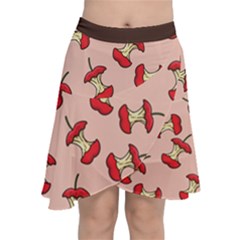 Red Apple Core Funny Retro Pattern Half Eaten On Pastel Orange Background Chiffon Wrap Front Skirt by genx