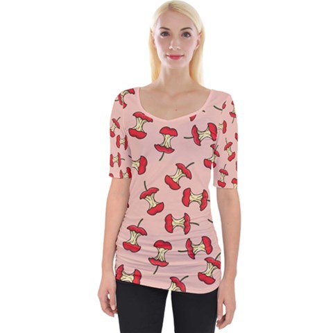 Red Apple Core Funny Retro Pattern Half Eaten On Pastel Orange Background Wide Neckline Tee by genx