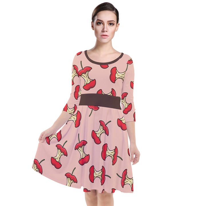 Red Apple Core Funny Retro Pattern Half eaten on pastel orange background Quarter Sleeve Waist Band Dress