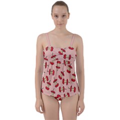 Red Apple Core Funny Retro Pattern Half Eaten On Pastel Orange Background Twist Front Tankini Set by genx