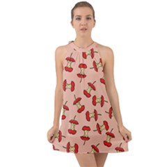 Red Apple Core Funny Retro Pattern Half Eaten On Pastel Orange Background Halter Tie Back Chiffon Dress by genx