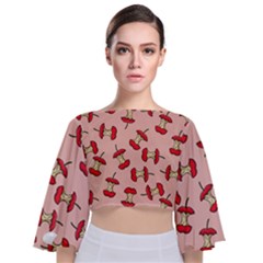 Red Apple Core Funny Retro Pattern Half Eaten On Pastel Orange Background Tie Back Butterfly Sleeve Chiffon Top by genx