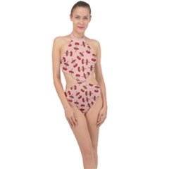 Red Apple Core Funny Retro Pattern Half Eaten On Pastel Orange Background Halter Side Cut Swimsuit by genx