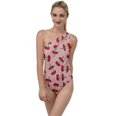 Red Apple Core Funny Retro Pattern Half Eaten On Pastel Orange Background To One Side Swimsuit by genx