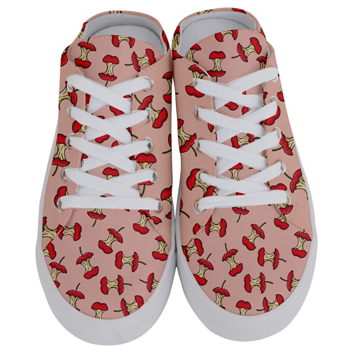 Red Apple Core Funny Retro Pattern Half eaten on pastel orange background Half Slippers