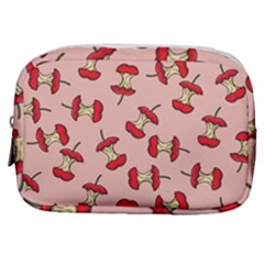 Red Apple Core Funny Retro Pattern Half Eaten On Pastel Orange Background Make Up Pouch (small) by genx