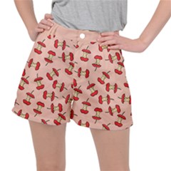 Red Apple Core Funny Retro Pattern Half Eaten On Pastel Orange Background Stretch Ripstop Shorts by genx