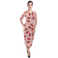 Red Apple Core Funny Retro Pattern Half Eaten On Pastel Orange Background Quarter Sleeve Midi Velour Bodycon Dress by genx