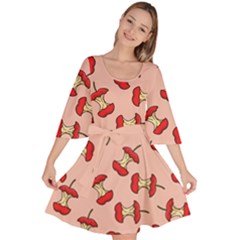 Red Apple Core Funny Retro Pattern Half Eaten On Pastel Orange Background Velour Kimono Dress by genx