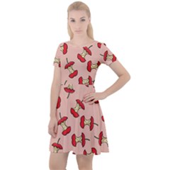 Red Apple Core Funny Retro Pattern Half Eaten On Pastel Orange Background Cap Sleeve Velour Dress  by genx