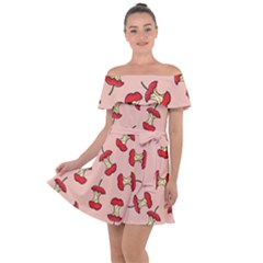 Red Apple Core Funny Retro Pattern Half Eaten On Pastel Orange Background Off Shoulder Velour Dress by genx