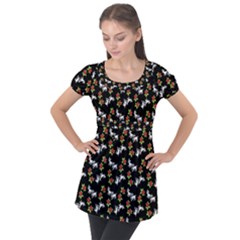 Lamb Pattern Black Puff Sleeve Tunic Top