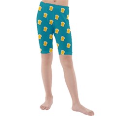 Toast With Cheese Funny Retro Pattern Turquoise Green Background Kids  Mid Length Swim Shorts by genx