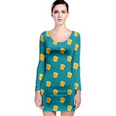 Toast With Cheese Funny Retro Pattern Turquoise Green Background Long Sleeve Bodycon Dress by genx