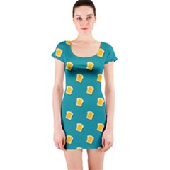 Toast With Cheese Funny Retro Pattern Turquoise Green Background Short Sleeve Bodycon Dress by genx