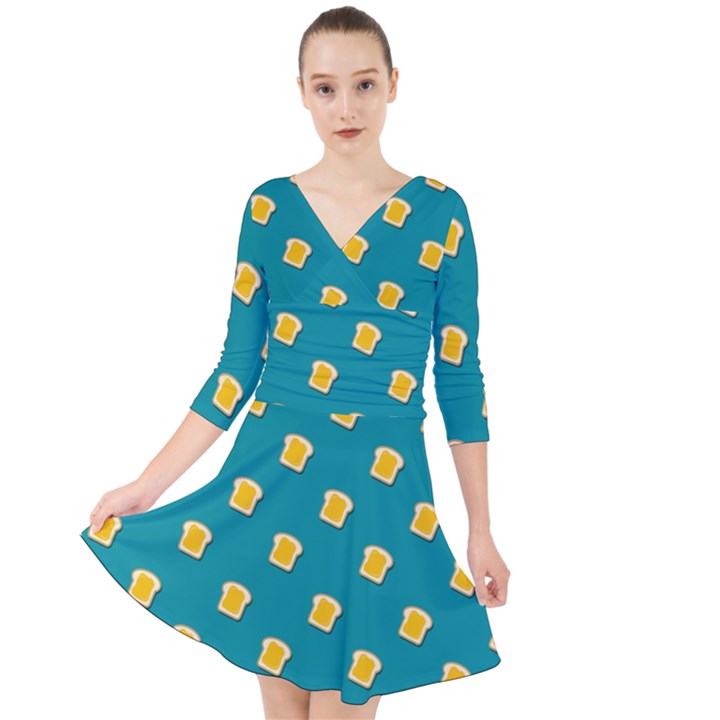 Toast With Cheese Funny Retro Pattern Turquoise Green Background Quarter Sleeve Front Wrap Dress