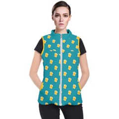 Toast With Cheese Funny Retro Pattern Turquoise Green Background Women s Puffer Vest by genx