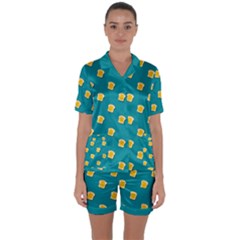 Toast With Cheese Funny Retro Pattern Turquoise Green Background Satin Short Sleeve Pyjamas Set by genx