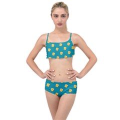 Toast With Cheese Funny Retro Pattern Turquoise Green Background Layered Top Bikini Set by genx