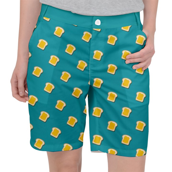 Toast With Cheese Funny Retro Pattern Turquoise Green Background Pocket Shorts