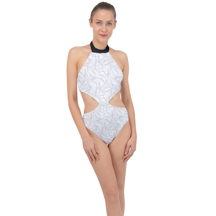 Organic Olive Leaves Pattern Hand drawn Black and white Halter Side Cut Swimsuit