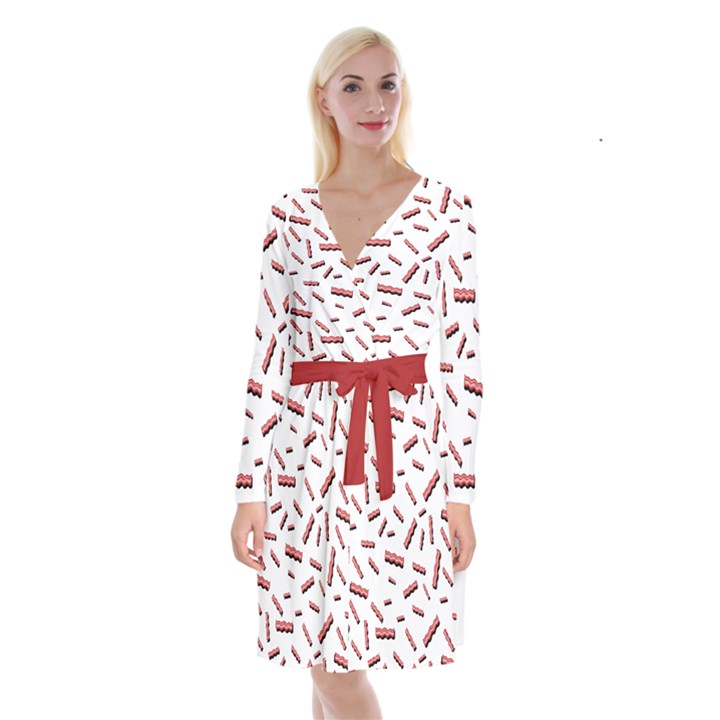 Funny Bacon Slices Pattern infidel red meat Long Sleeve Velvet Front Wrap Dress