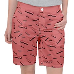 Funny Bacon Slices Pattern Infidel Vintage Red Meat Background  Pocket Shorts by genx