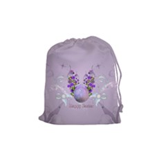 Happy Easter, Easter Egg With Flowers In Soft Violet Colors Drawstring Pouch (medium) by FantasyWorld7