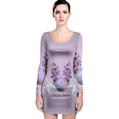 Happy Easter, Easter Egg With Flowers In Soft Violet Colors Long Sleeve Bodycon Dress by FantasyWorld7