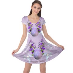 Happy Easter, Easter Egg With Flowers In Soft Violet Colors Cap Sleeve Dress by FantasyWorld7