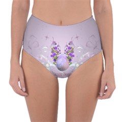 Happy Easter, Easter Egg With Flowers In Soft Violet Colors Reversible High-waist Bikini Bottoms by FantasyWorld7