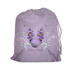 Happy Easter, Easter Egg With Flowers In Soft Violet Colors Drawstring Pouch (xxl) by FantasyWorld7